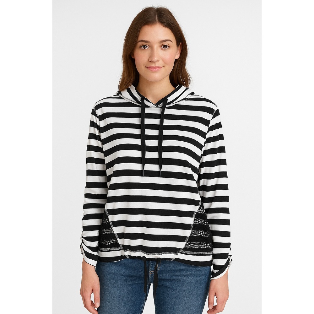 Black & White Striped Cowl Neck‎ Pullover Top Roll Tab Sleeve Mesh Large